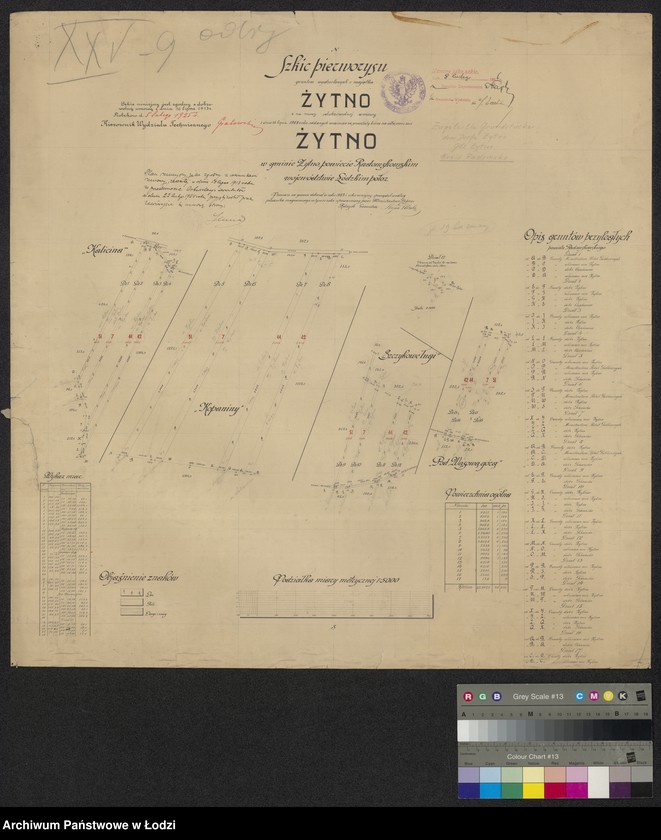 Obraz 1 z jednostki "Szkic pierworysu gruntów wydzielonych z majątku Żytno i na mocy dobrowolnej umowy z dnia 16 lipca 1913 r. oddanych w zamian za serwituty leśne na własność wsi Żytno w gminie Żytno powiecie Radomskowskim, województwie łódzkiem położonej"