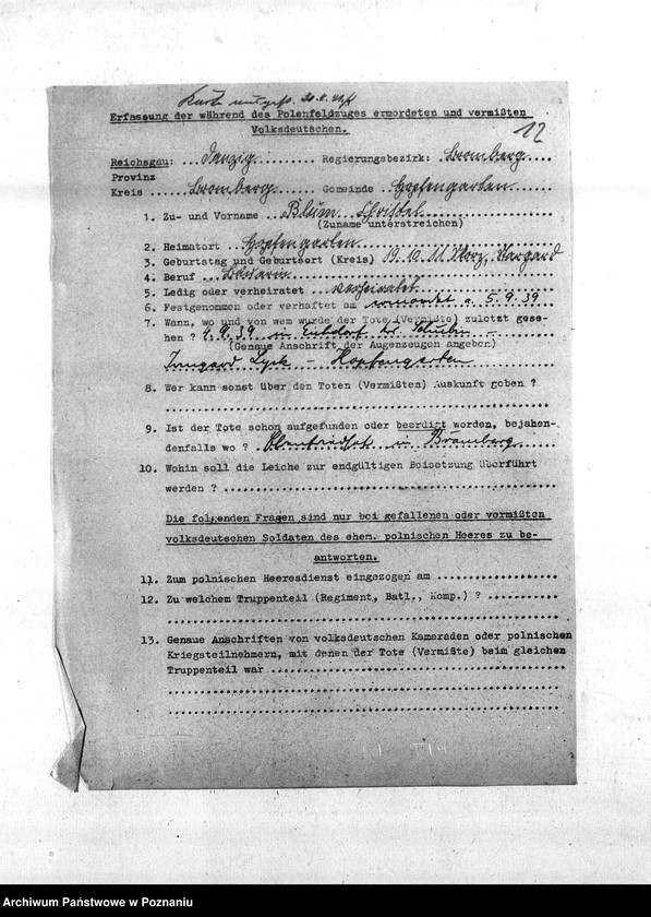 Obraz 16 z jednostki "Zgłoszenia zmarłych i zaginionych miejscowych Niemców w 1939 roku - powiat bydgoski"