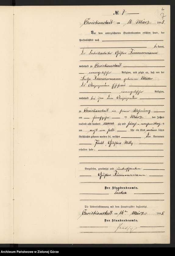 Obraz 10 z jednostki "Geburts-Neben-Register im Standes-Amt Christianstadt Kreis Sorau 1895"