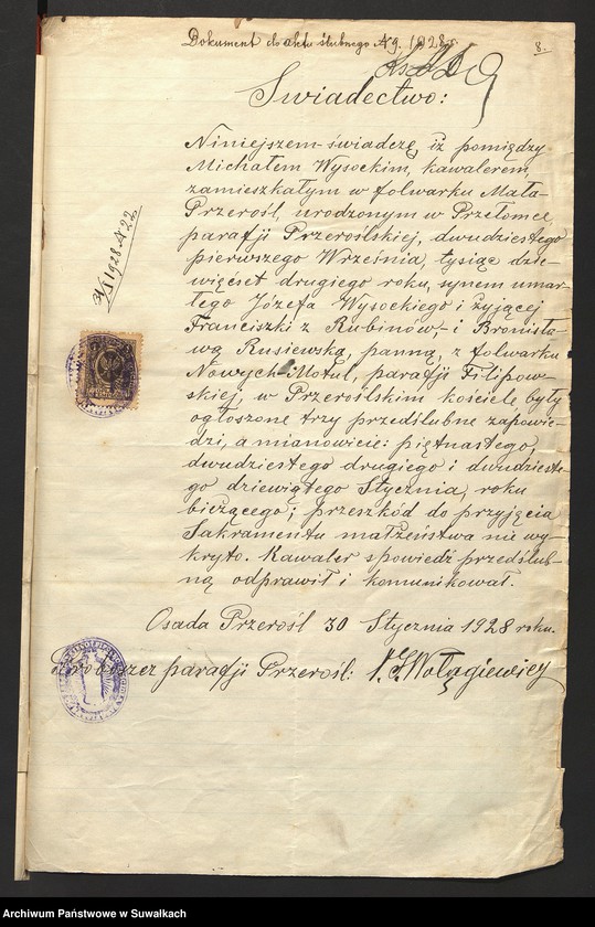 image.from.unit.number "Dokumenty przedstawione do aktów ślubnych w roku 1928 w filipowskiej r.k. parafji"
