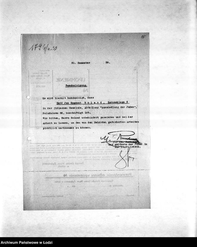 Obraz 18 z jednostki "Sprawy zaświadczeń [m.in. o zatrudnieniu mieszkańców getta, wysokości poborów, miejscu zamieszkania, sytuacji materialnej, wsparciach pieniężnych]"