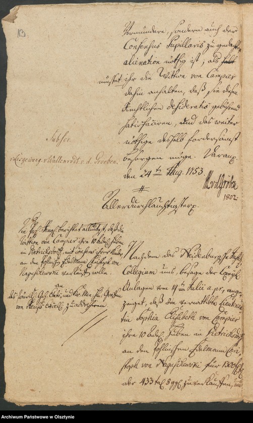 image.from.unit.number "In S. [Sachen] der verwittibten Lieutenantin Sophia Elisabeth von Campier. Den Verkauff ihrer 10 Adelichen Huben in Dietrichsdorff [Wietrzychowo] an den Christoph von Naguschewski"