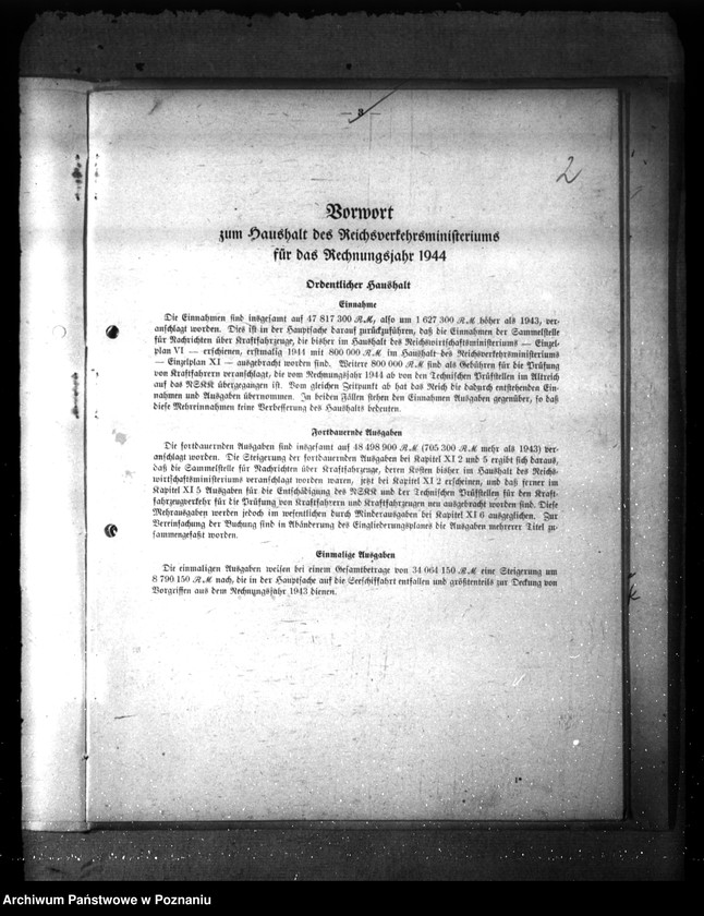 Obraz 6 z jednostki "Haushalt des Reichsverkehrsministeriums für des Rechnungsjahr 1944"