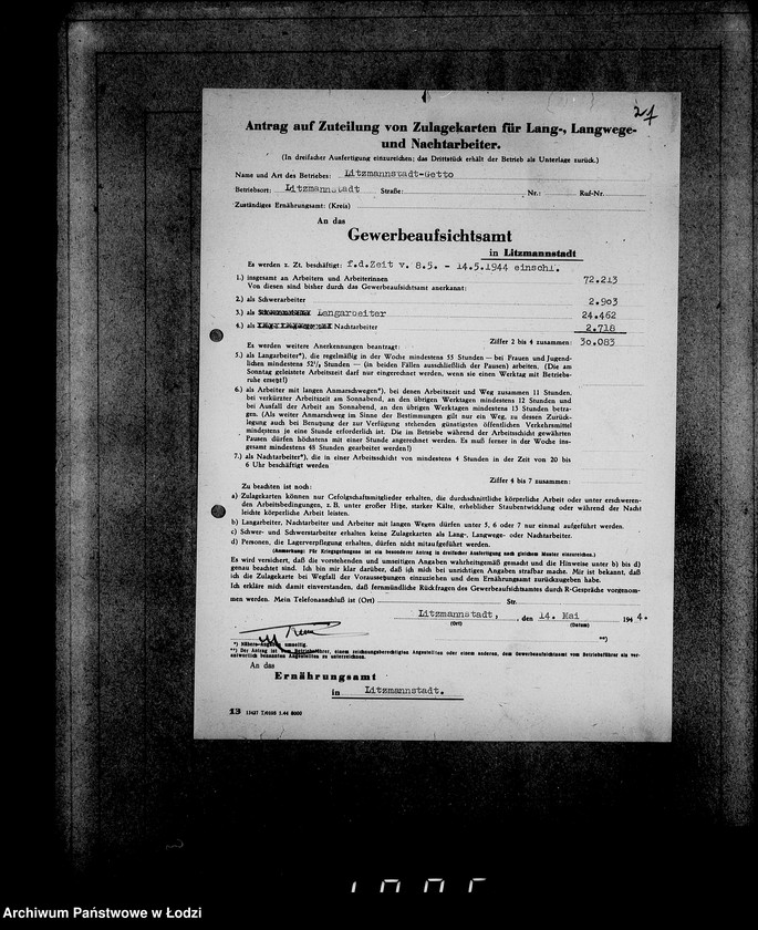 Obraz 6 z jednostki "Aufstellung der L-S-N-Arbeiter im Litzmannstadt-Getto für die Zeit vom 24.IV-21.V.1944"