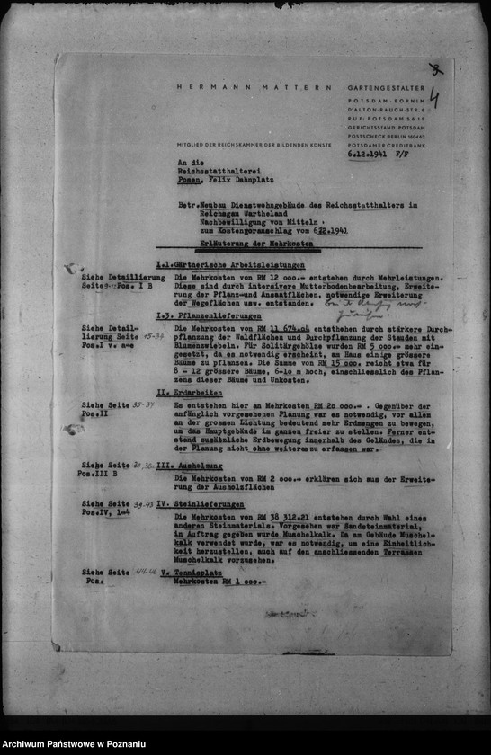 Obraz 8 z jednostki "Kostenanschlag zum Dienstwohngebäude des Reichsstatthalters des Warthegaues - nad jeziorem Góreckim"