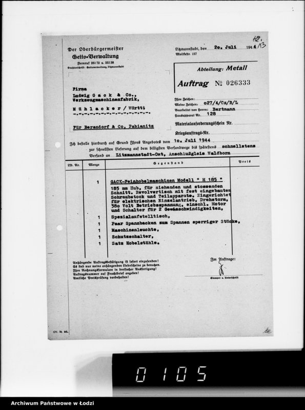 Obraz 17 z jednostki "Aufträge Metall-Abteilung v.26101-26343"