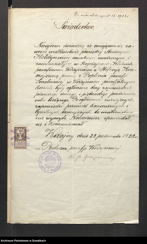image.from.unit.number "Dokumenta so aktów ślubnych parafji Smolnickiej za 1922 rok"
