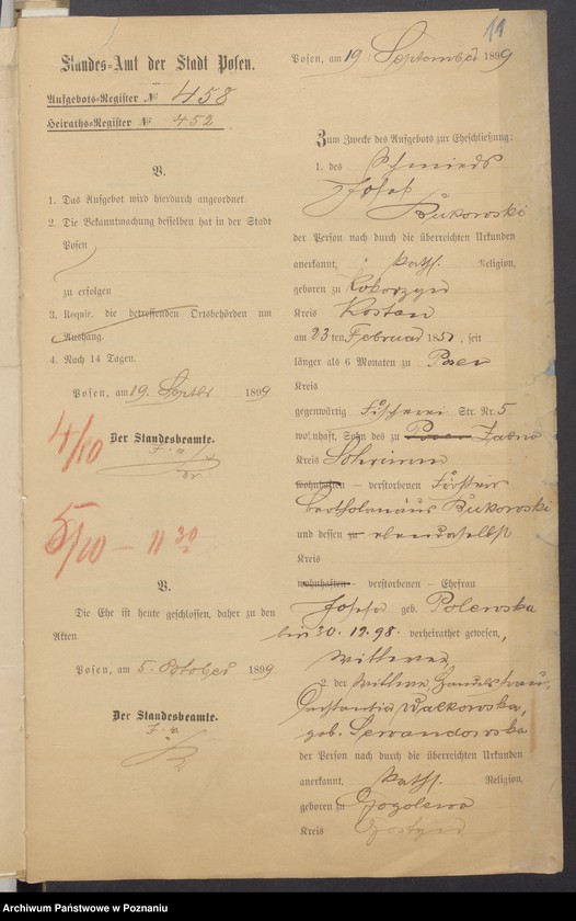 Obraz 13 z jednostki "Die von den Verlobten beigebrachten Urkunden zur Eheschliessung pro 1899"