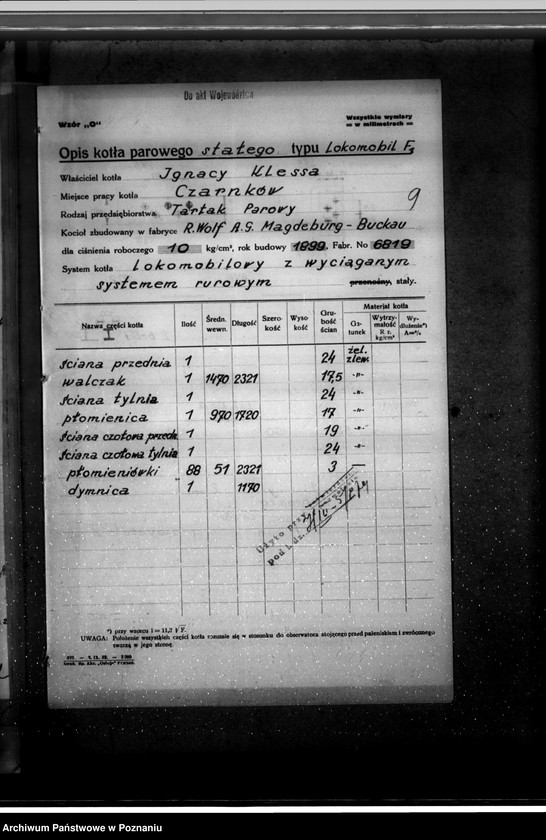 Obraz 13 z jednostki "Tartak w Czarnkowie Ignacego Klessy nr kotła fabr. 6819 nr kotła woj. 874"