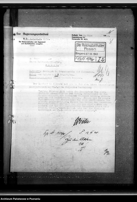 Obraz 12 z jednostki "Berichte das Landrats des Kreises Sieradz über die Einwohnerzahl von zduńska Wola und die Beutegüter auf dem Eisenbahngelünde in Karsznice und Zduńska Wola"