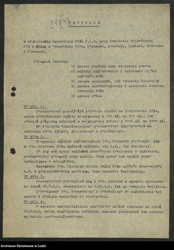 Obraz 17 z jednostki "Protokoły posiedzeń koła partyjnego przy Komitecie Wojewódzkim Polskiej Partii Robotniczej"