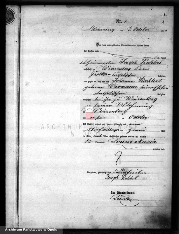 Obraz z jednostki "Geburts-Haupt-Register für des Standes Amt Winzenberg 1874"
