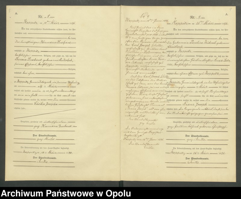 Obraz 7 z jednostki "Geburts-Neben-Register Standesamts Koppitz pro 1896"
