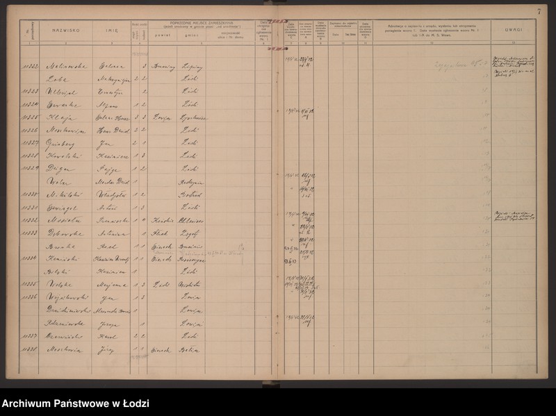 Obraz 10 z jednostki "Księga kontroli ruchu ludności (rejestr osób przybywających do gminy) Łódź, komisariat VIII, ks. V, nr 11249-11615"