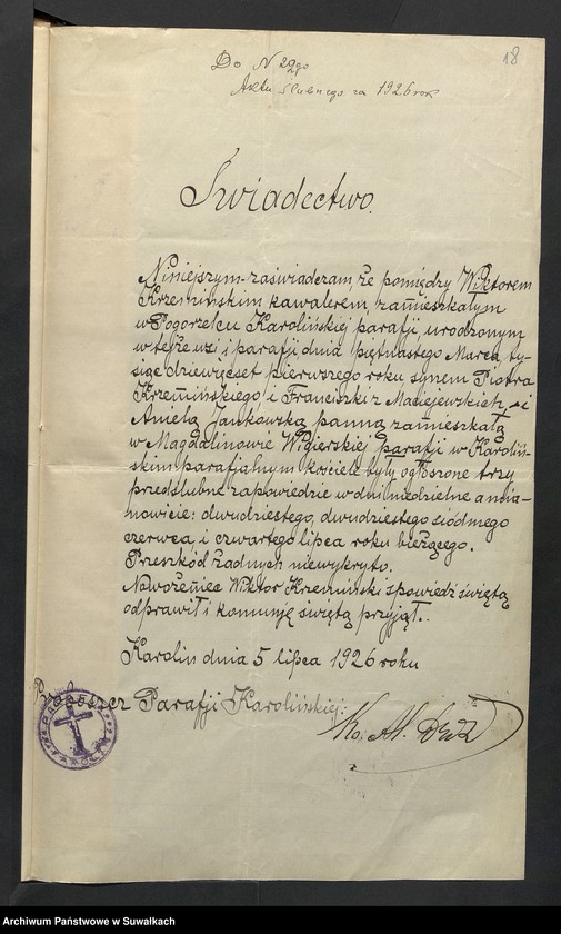 image.from.unit.number "Aneksa do Aktów Ślubnych parafji Wigierskiej za 1926 rok"