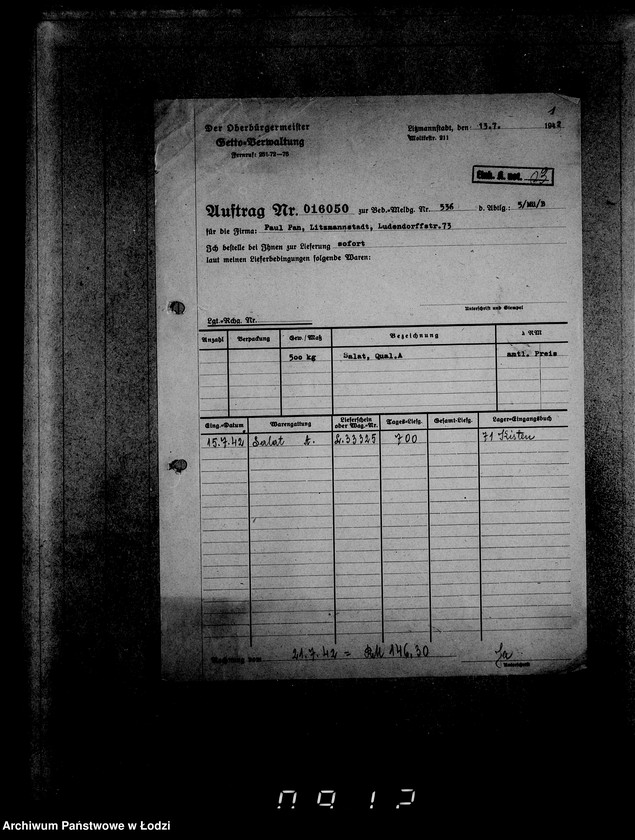 Obraz 4 z jednostki "Aufträge, [Lieferscheinen und Rechnungen] 14731-16050 [Dostawy żywności do Getta]"