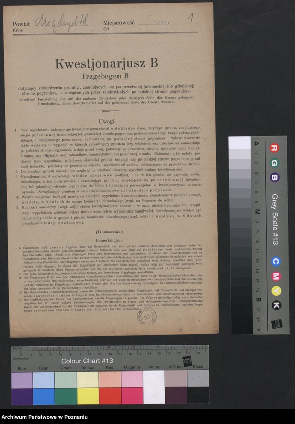 Obraz 3 z jednostki "[Kwestionariusze dotyczące stwierdzenia gruntów znajdujących się po niemieckiej stronie pogranicza a zarządzanych przez zamieszkałych po stronie polskiej] powiat Międzychód"
