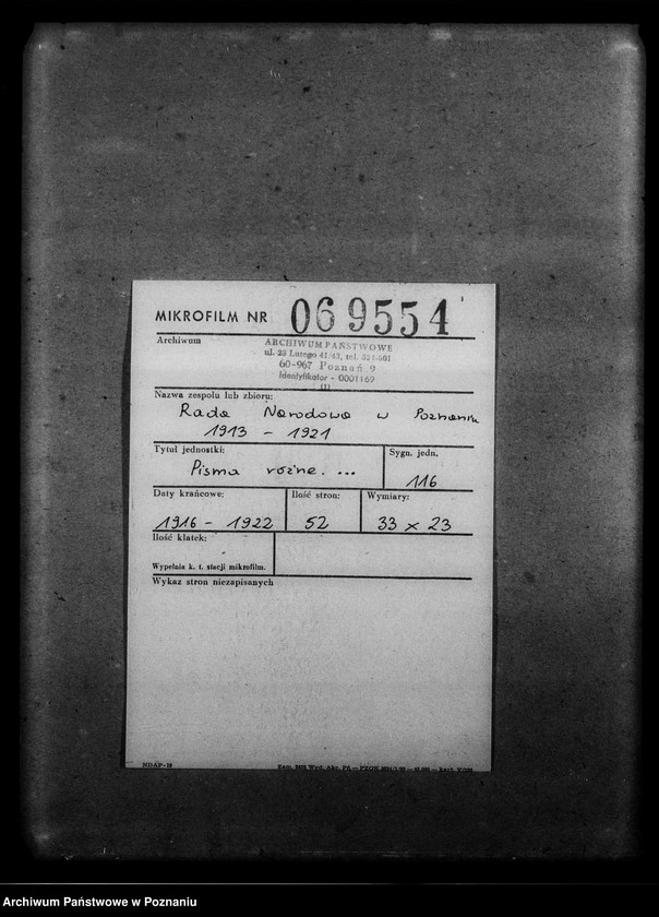 Obraz 2 z jednostki "Pisma różne. [Adresy Związków i Towarzystw polskich w poznańskim, broszura pod tytułem "Czym jest Rada Główna Opiekuńcza" rozporządzenia dotyczące robotników z Królestwa Polskiego przebywających w poznańskim, pismo Urzędu Miasta Warszawy]"