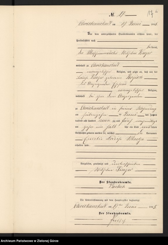 Obraz 20 z jednostki "Geburts-Neben-Register im Standes-Amt Christianstadt Kreis Sorau 1895"