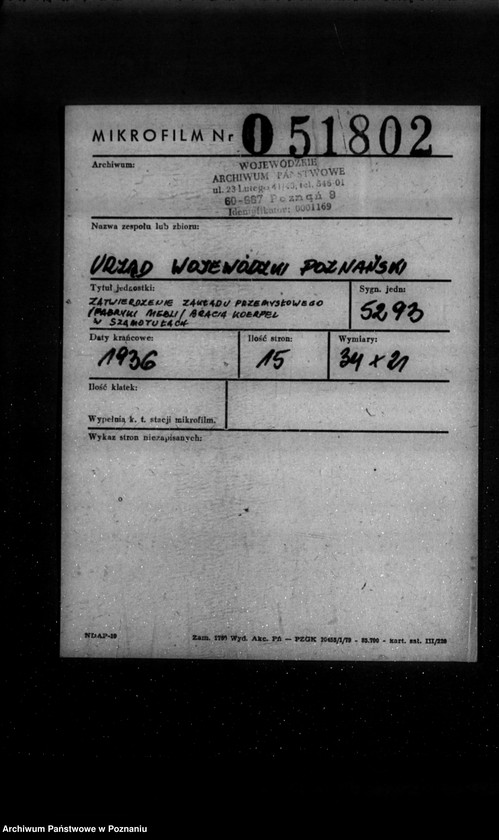 Obraz 2 z jednostki "Zatwierdzenie zakładu przemysłowego /fabryki mebli/ Bracia Koerpel w Szamotułach"