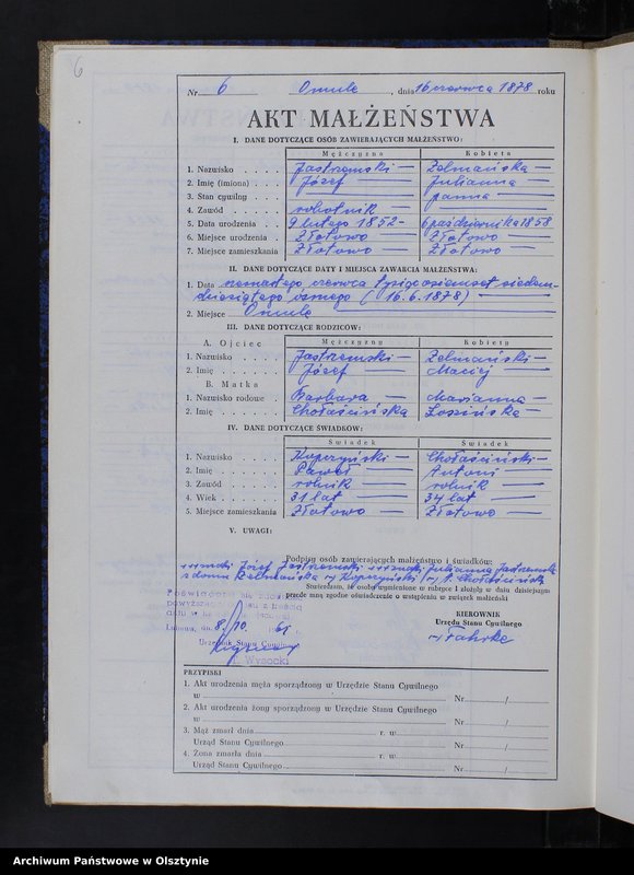 Obraz 8 z jednostki "Księga małżeństw Nr 1 - 12,1 - 9,1 - 15,1 - 12,1 - 17 i 1 - 15 /brak lat 1880 - 1882/ /przepisana w języku polskim z oryginału niemieckiego w dniach 8.10.-11.10.1961/"