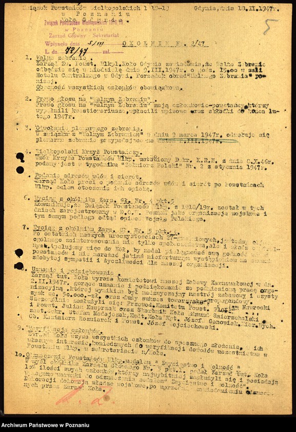 Obraz 8 z jednostki "Współdziałanie Zarządu Głównego Związku Powstańców Wielkopolskich z kołami: 1. Gdańsk. 2. Gdynia [1946-1948] 3. Gębice [1947] 4. Gniewkowo [1946] 5. Gniezno [1947] 6. Gorzów [1946-1947] 7. Grodzisk [1949] 8. Grudziądz [1947]"