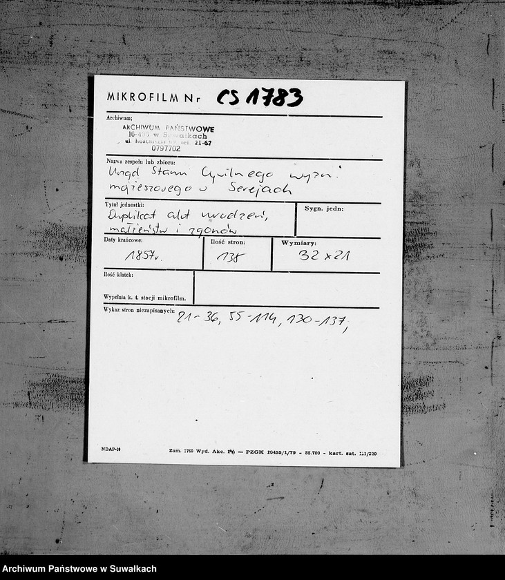 image.from.unit.number "Duplikat akt urodzonych, zaślubionych i zmarłych urzędnika Stanu Cywilnego wyznania mojżeszowego Okręgu Sereje na rok 1857"