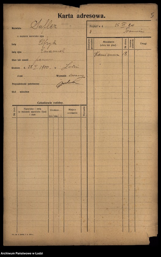 Obraz 7 z jednostki "[Spis ludności Łodzi] Sudzińska-Sumora"