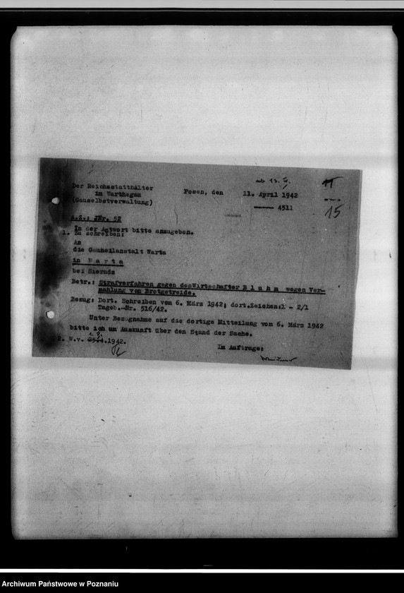 Obraz 19 z jednostki "Strafverfahren wegen Vermahlung von Brotgetreide - Gauheilanstalt Warta bei Sieradz."