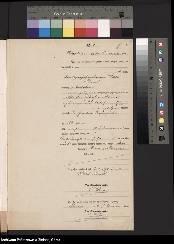 Obraz z jednostki "Geburts-Neben-Register im Standes-Amt Brestau Kreis Sorau N[ieder] / L[ausitz] 1891"