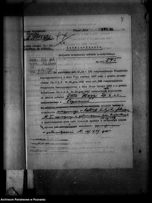 Obraz 11 z jednostki "Zatwierdzenie projektu urządzenia zakładu przemysłowego Firmy "Maggi" Spółka z o.o. w Poznaniu nr 545"