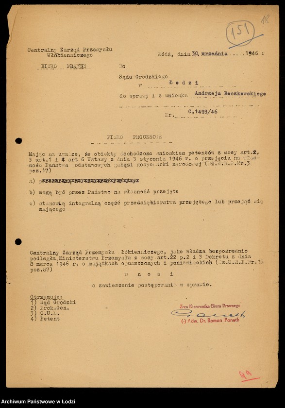 Obraz 20 z jednostki "[Korespondencja w sprawie reprywatyzacji urządzeń biurowych Fabryki Termometrów oraz lokalu fabrycznego w Łodzi ul. Dowborczyków 37]"