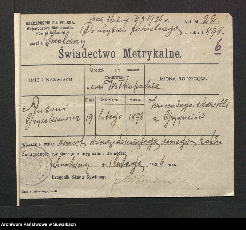 image.from.unit.number "Aneksa do aktów zaślubionych rz.kat. parafji Puńsk z r. 1926"