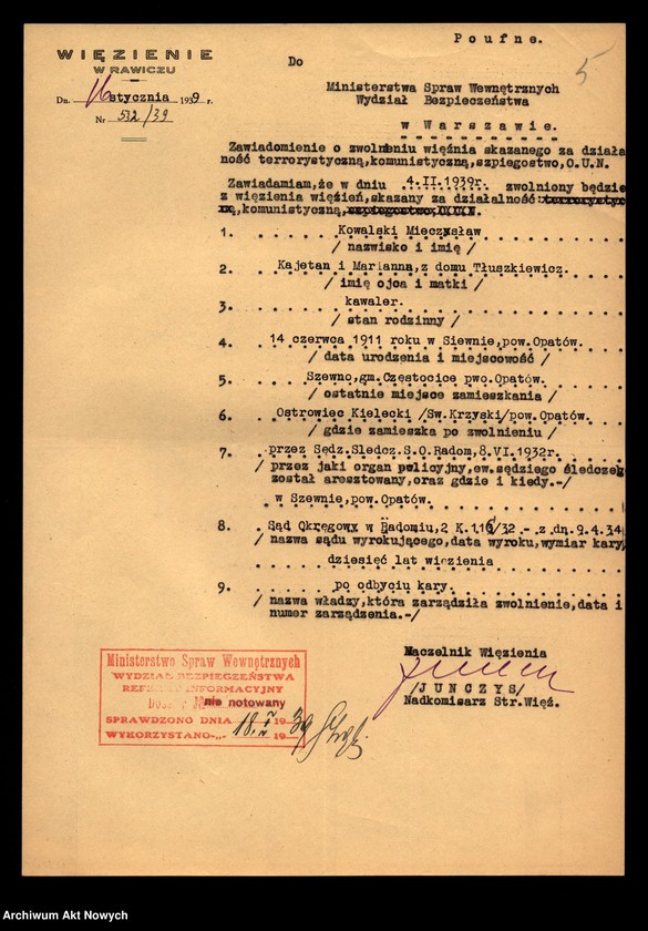 image.from.unit.number "Więzienie w Rawiczu - informacje o zwolnieniu osób skazanych za działalność komunistyczną. Kwestionariusze."