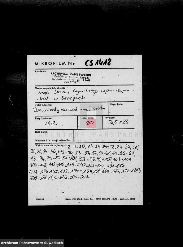 image.from.unit.number "Dokumenty Kasajuščiesja k Aktom Brakosočetavšichsja Lic Serejskogo Rimsko-Katoličeskogo Prichoda za 1872 god"