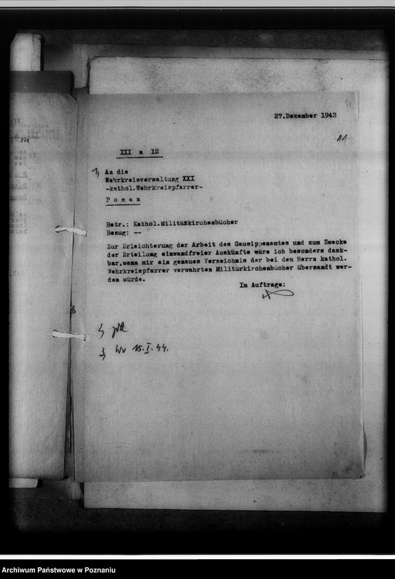 Obraz 19 z jednostki "Militärkirchenbücher [sprawy związane z poszukiwaniem i przejęciem ksiąg kościelnych w garnizonowych kościołach]"