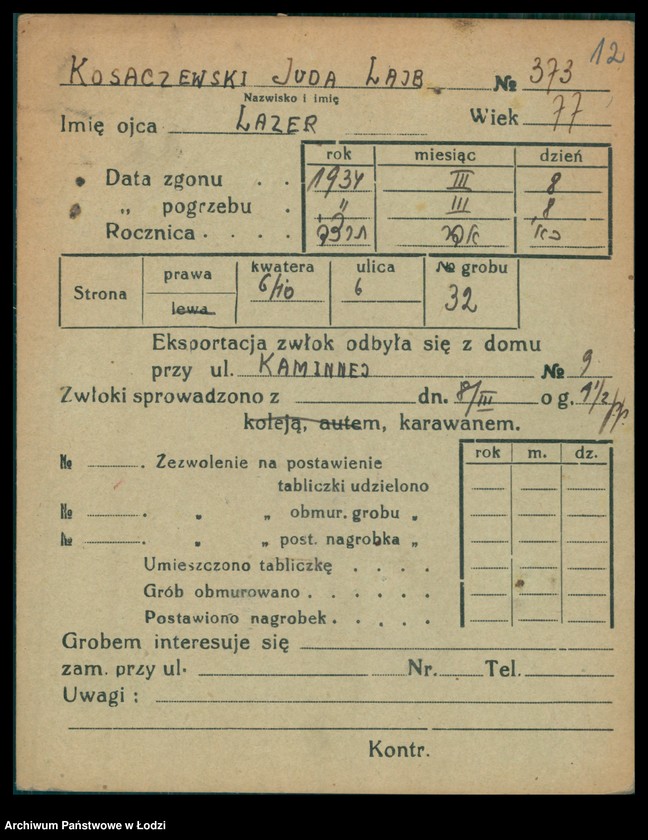 Obraz 13 z jednostki "Kartoteka osób pochowanych na cmentarzu żydowskim przy ulicy Brackiej w latach 1892-1959. Nazwiska na litery: Kos-Kra"
