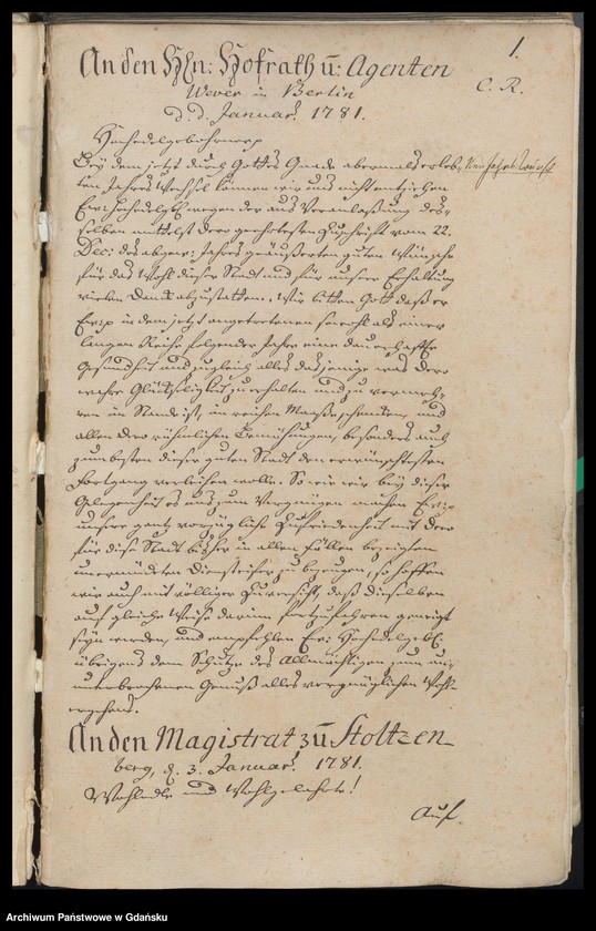 image.from.unit.number "[Liber missivarum]. Register über vorstehende Briefe von Jahr 1781. Register derer an welche vorstehende Briefe geschrieben worden"