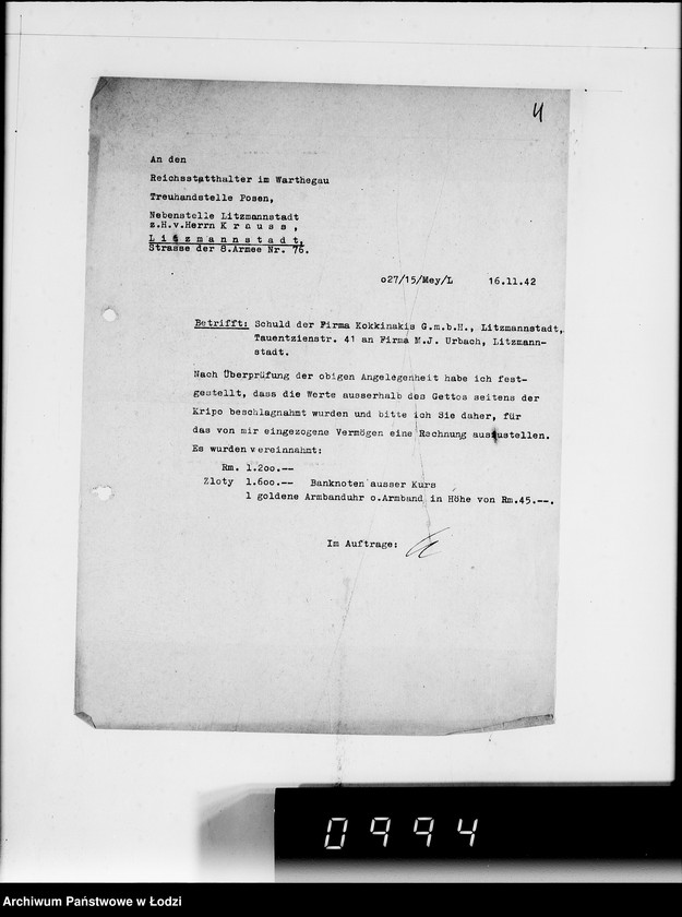 Obraz 6 z jednostki "H.T.O. [Korespondencja z Haupttreuhandstelle Ost w sprawach finansowych oraz majątku żydowskiego]"