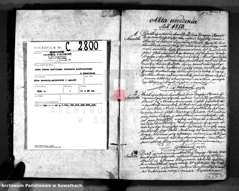 image.from.unit.number "Duplikat. Akta Urzędnika Stanu Cwilnego Wyznania Moyżeszowego Okręgu Suwalskiego z roku 1850"