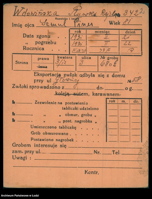 Obraz 3 z jednostki "Kartoteka osób pochowanych na cmentarzu żydowskim przy ulicy Brackiej w latach 1892-1957. Nazwiska na litery: Wd-Wis"