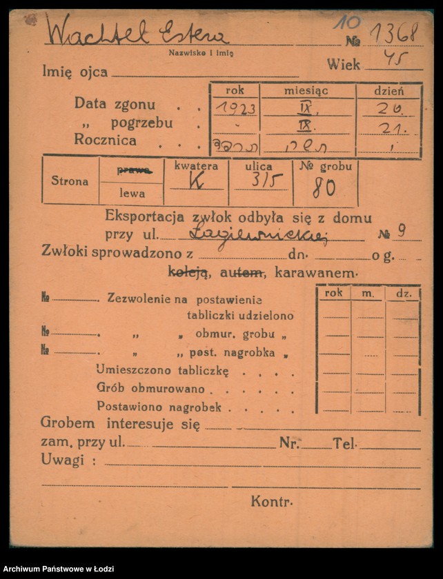 Obraz 11 z jednostki "Kartoteka osób pochowanych na cmentarzu żydowskim przy ulicy Brackiej w latach 1892-1953. Nazwiska na litery: Wac-Wajng"