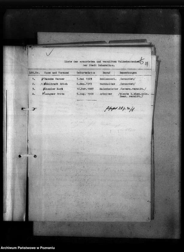 Obraz 11 z jednostki "Kreis Scharnikau (Czarnków). Wykazy miejscowych Niemców, którzy zginęli w 1939 roku - korespondencja"