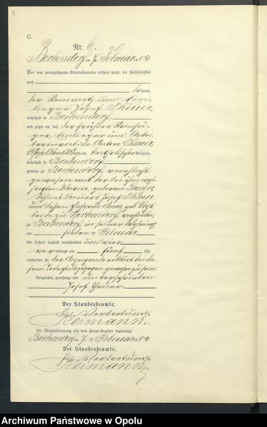Obraz 10 z jednostki "Sterbe-Neben-Register des Standesamts Borkendorf pro 1904"