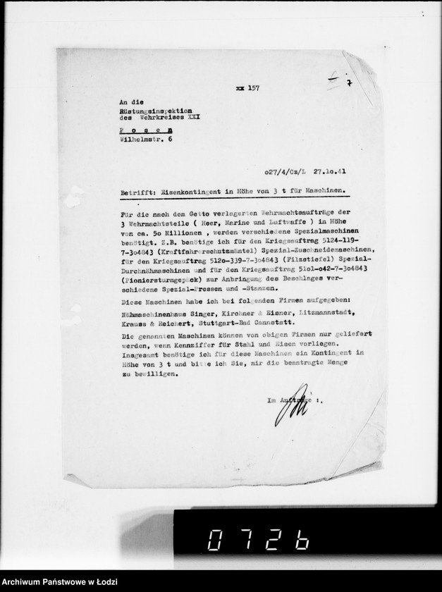 Obraz 11 z jednostki "Rüstungsinspektion des Wehrkreises XXI Abt.Verwaltung.[Korespondencja w sprawie przydziału żelaza]"