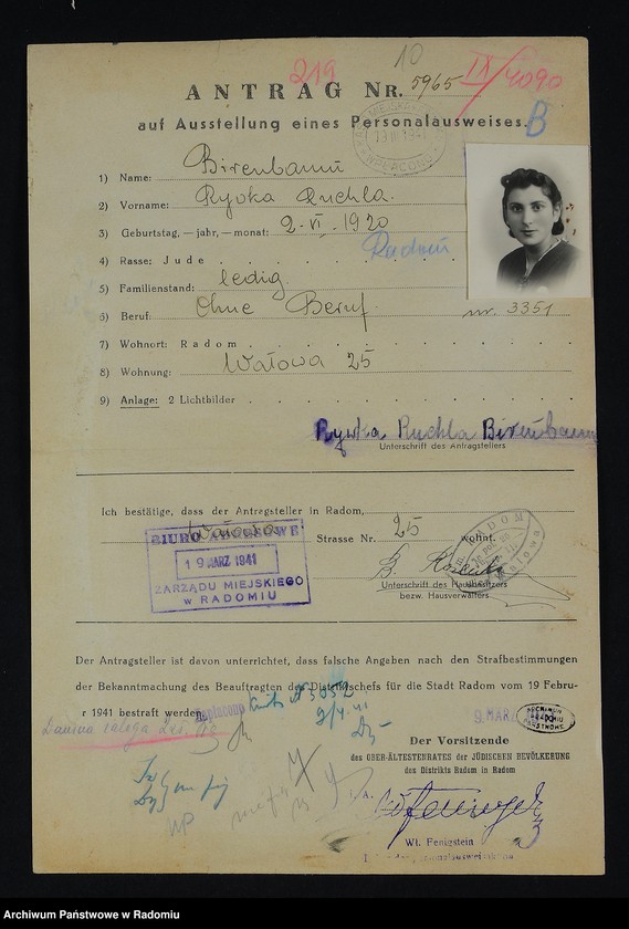 image.from.unit.number "[Wnioski o wydanie dowodów osobistych oraz nie odebrane dowody Birenbaum Rachela - Blass]"