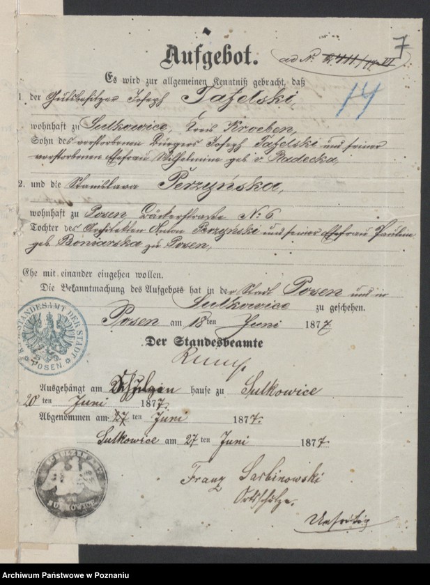 Obraz 9 z jednostki "Die von den Verlobten zum Aufgebot beigebrachten Urkunden pro 1877"
