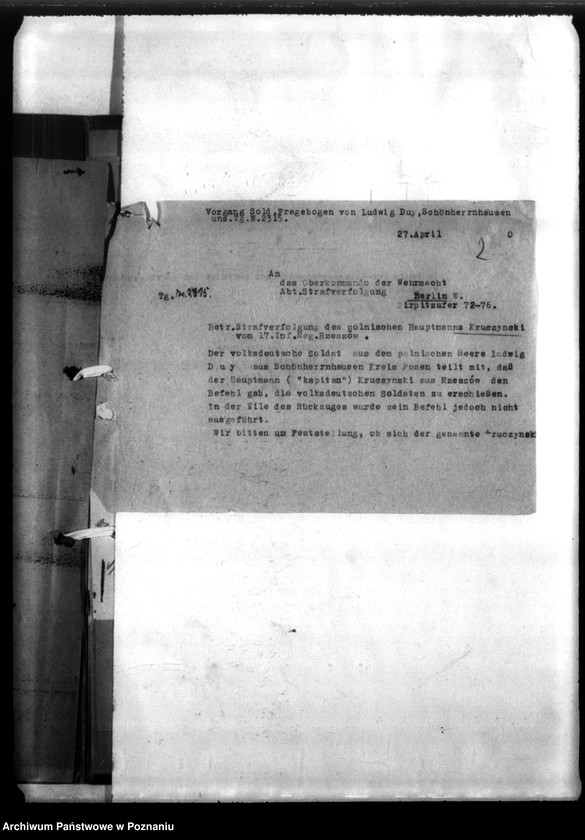 Obraz 6 z jednostki "Poszukiwanie kapitana B. Kruszyńskiego w celu ukarania go za rzekome wystąpienia przeciw Niemcom"