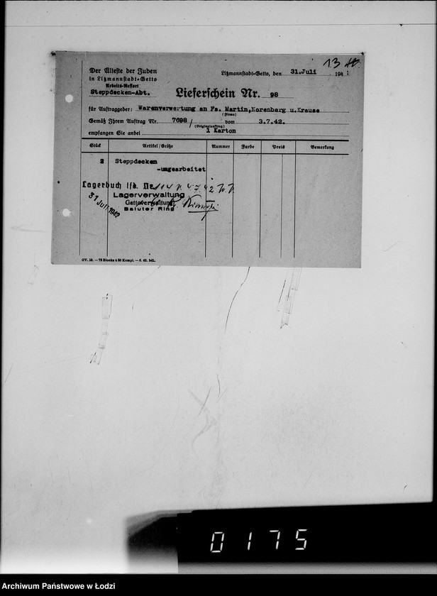 Obraz 17 z jednostki "Pelzabteilung. Warenverwertung an firma Martin Norenberg u.Krause Litzmannstadt"