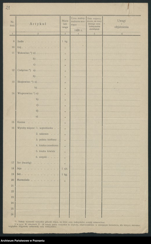 Obraz 19 z jednostki "[Wykazy cen rynkowych na artykuły spożywcze w poszczególnych miastach Województwa Pomorskiego za miesiąc sierpień 1921 roku]"